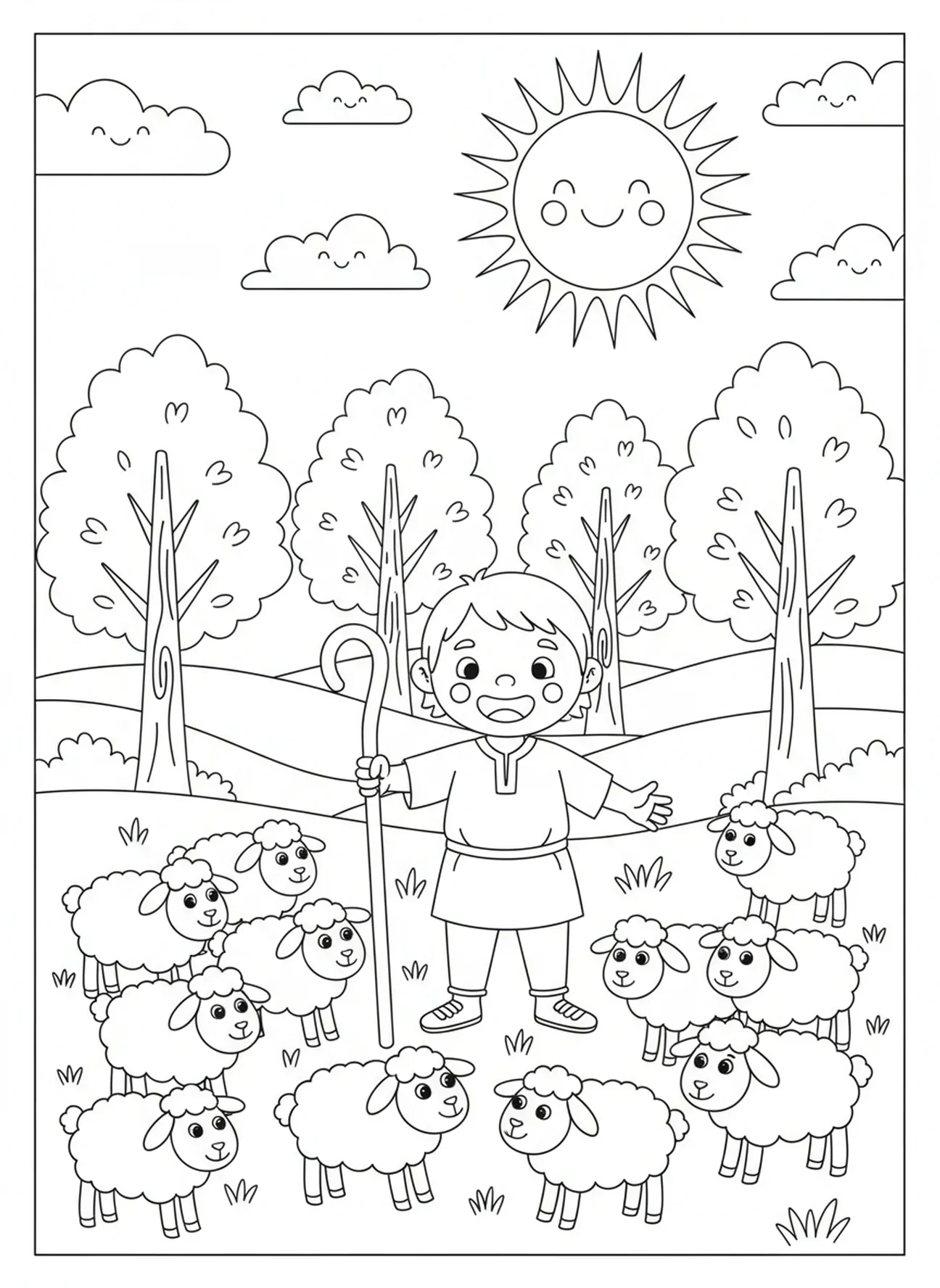 Bergers joyeux, page à colorier du Bon Berger avec son troupeau pour les enfants de 5 à 10 ans