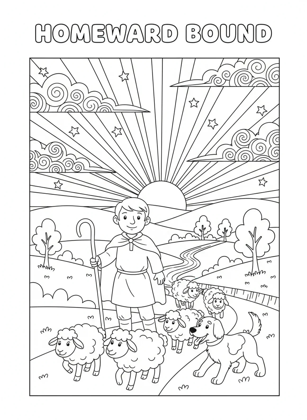 Pasteur conduisant son troupeau au coucher du soleil, page à colorier du Bon Pasteur avec le Troupeau pour les enfants de 5 à 10 ans