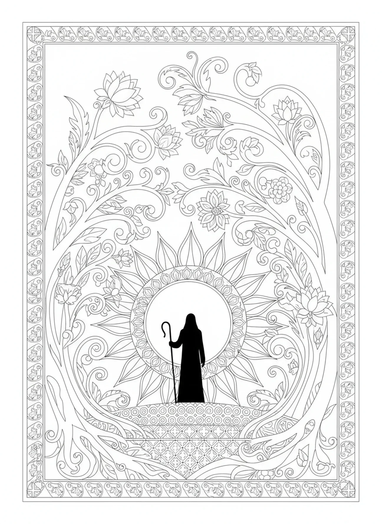 Pastor silhuetado ao pôr do sol, página de colorir do Bom Pastor para adultos no estilo de journaling bíblico.