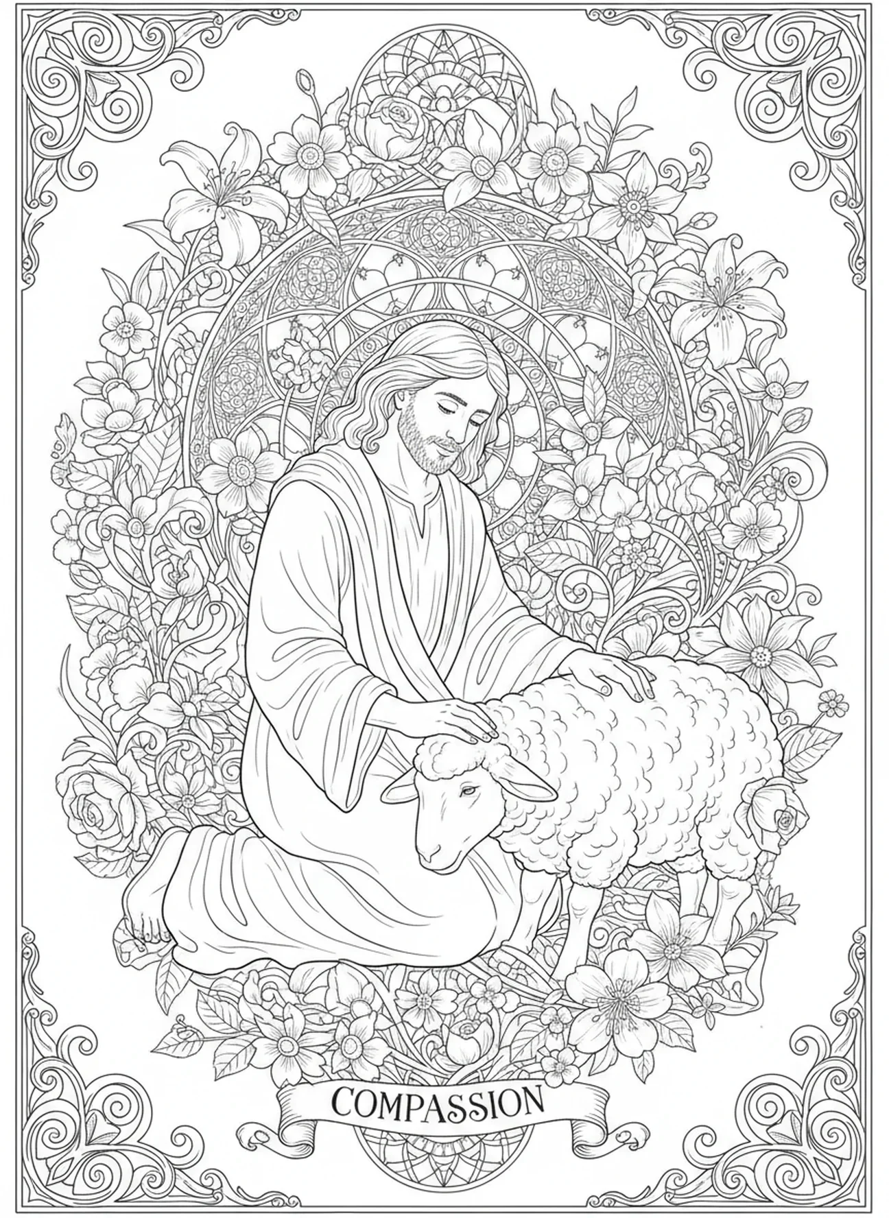 Pastor cuidando das ovelhas, página para colorir do Bom Pastor no estilo de journaling bíblico para adultos.