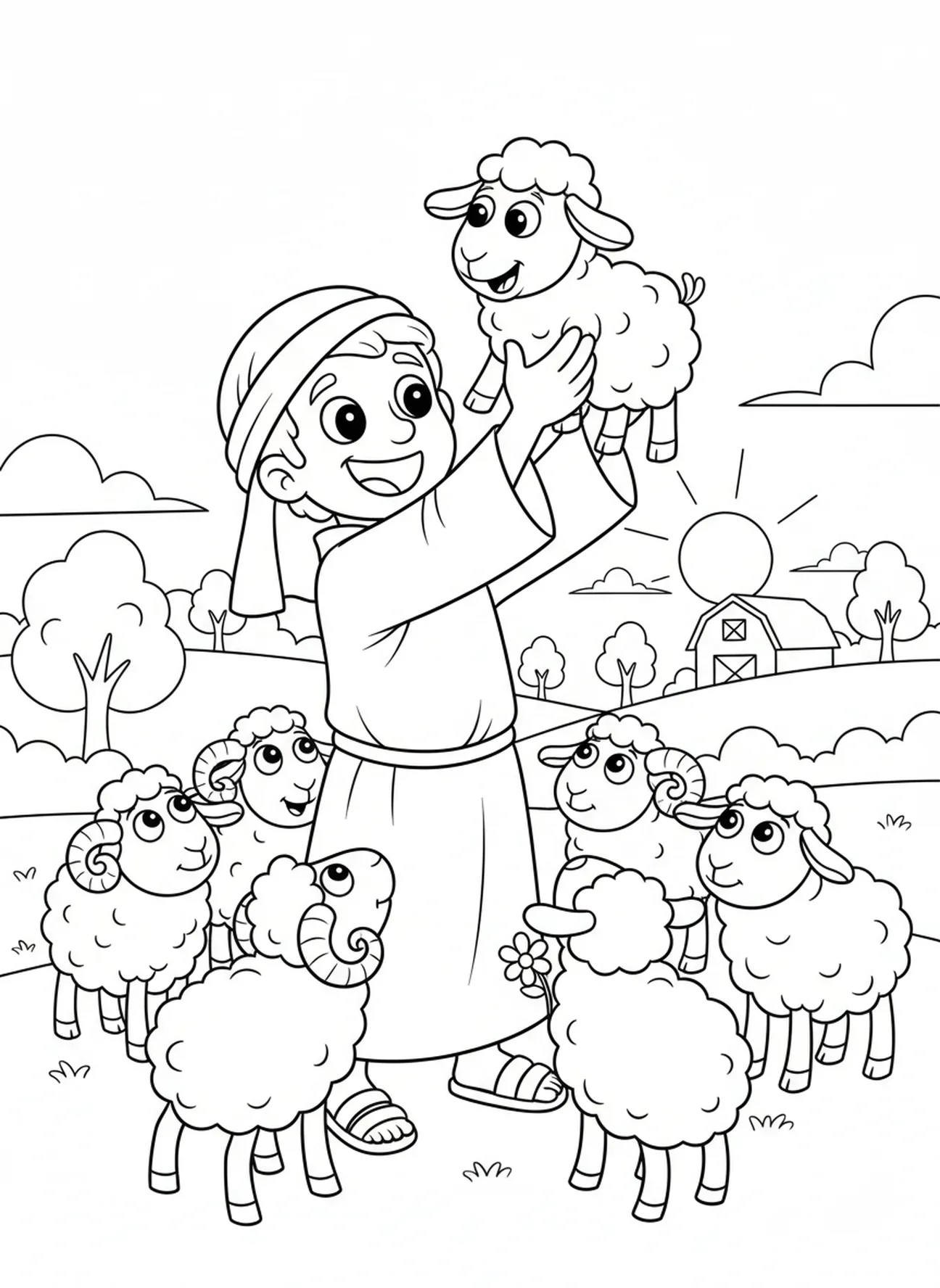 Pastor rescatando una oveja perdida, página para colorear del Buen Pastor para niños de 5 a 10 años