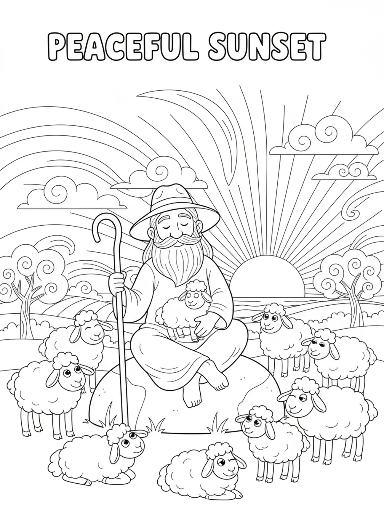 Pastor sentado con ovejas al atardecer, página para colorear del Buen Pastor para niños de 5 a 10 años