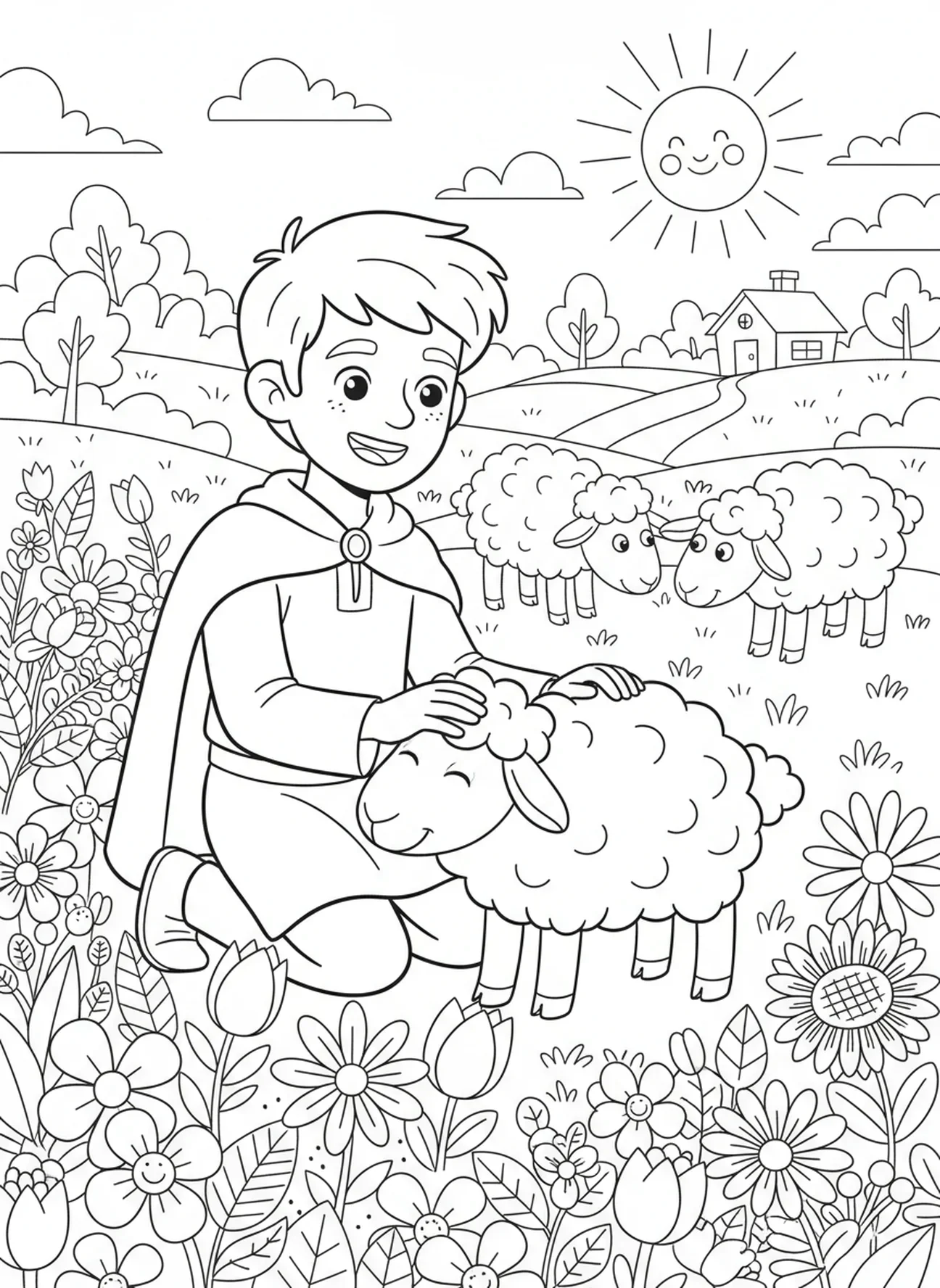 Pastor arrodillado junto a flores con ovejas, página para colorear del Buen Pastor para niños de 5 a 10 años
