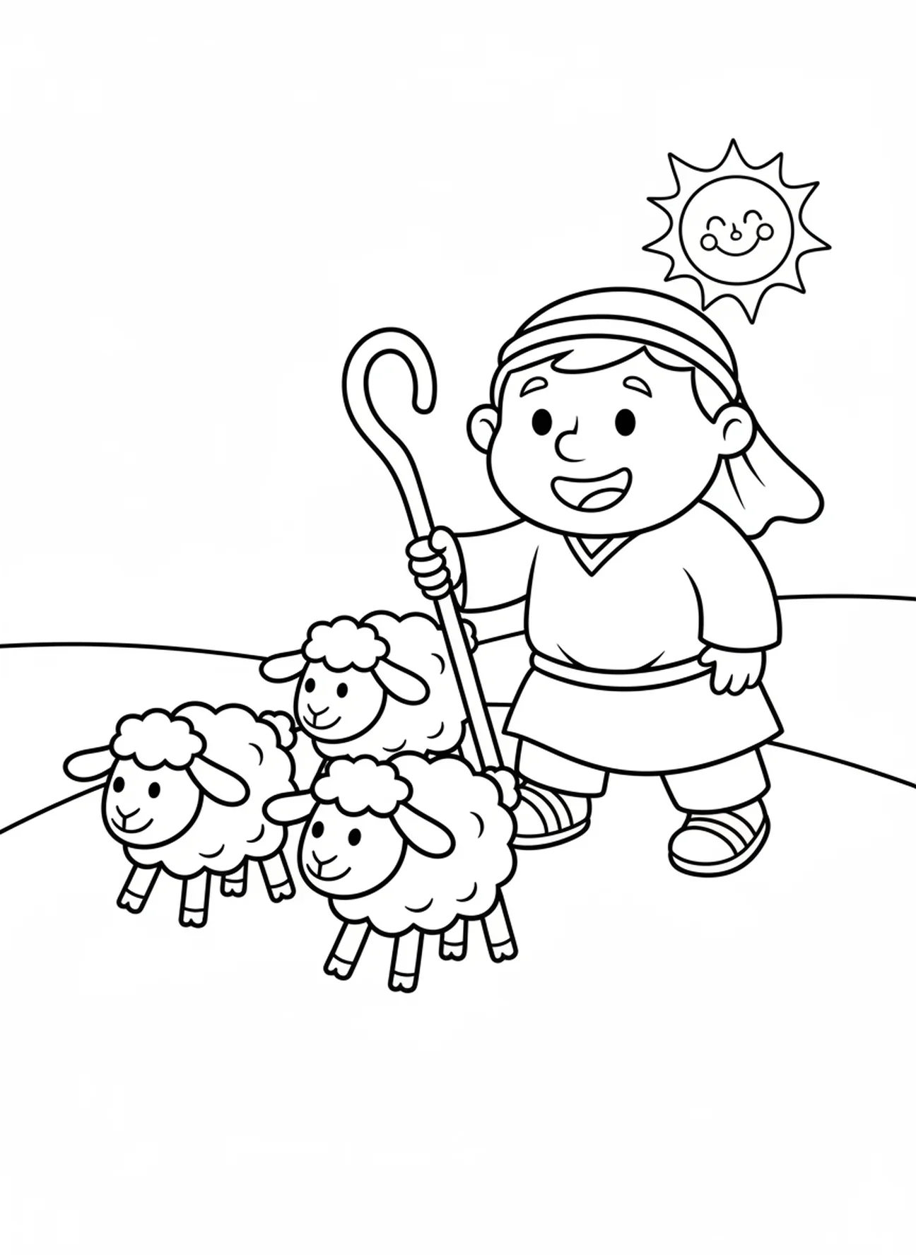 Pasteur guidant des moutons, page à colorier du Bon Pasteur pour les enfants d'âge préscolaire de 3 à 5 ans