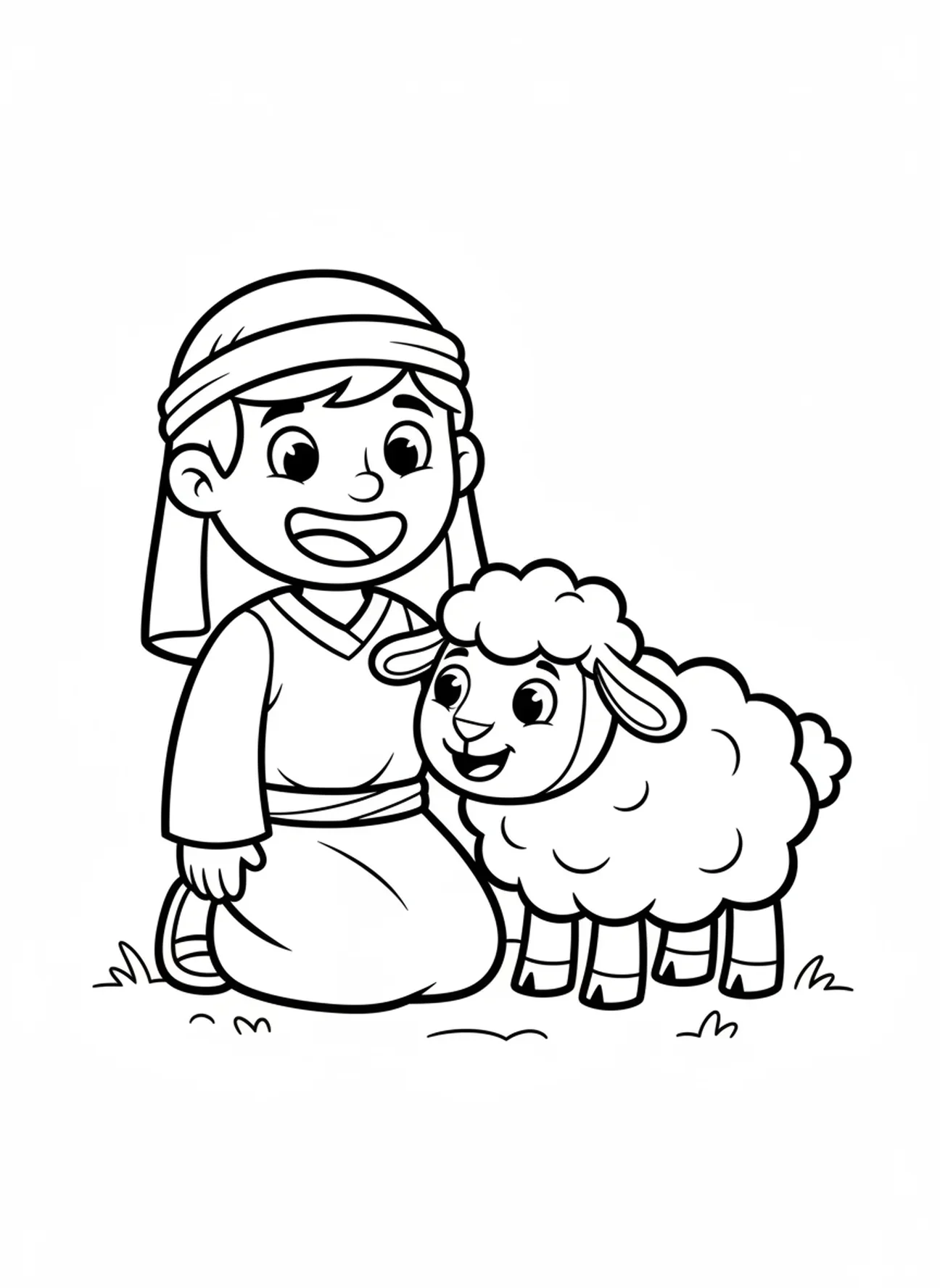 Pasteur agenouillé à côté d'un mouton, page à colorier du Bon Pasteur pour les enfants d'âge préscolaire de 3 à 5 ans