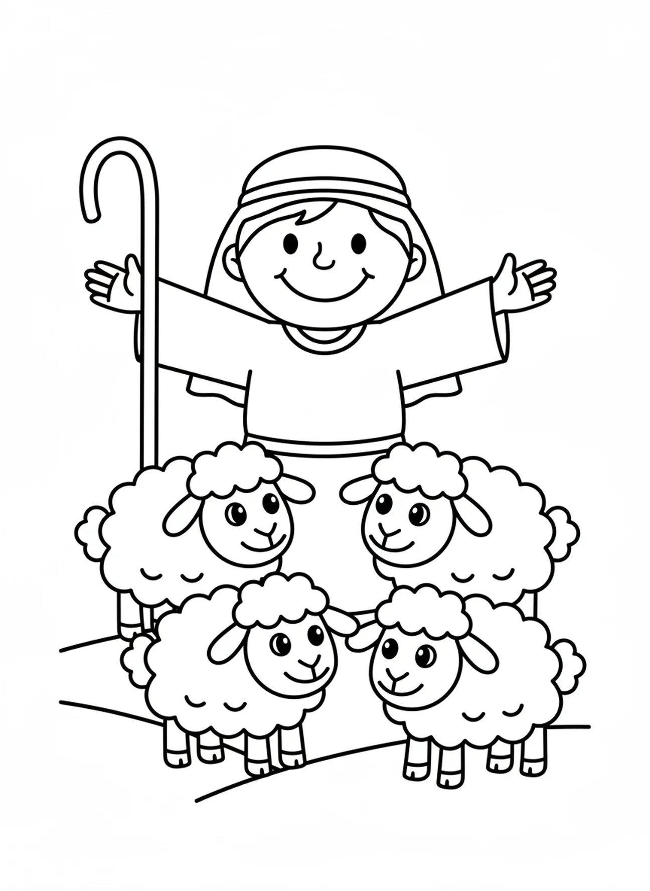 Pasteur veillant sur ses moutons, page à colorier du Bon Pasteur pour les enfants de 3 à 5 ans