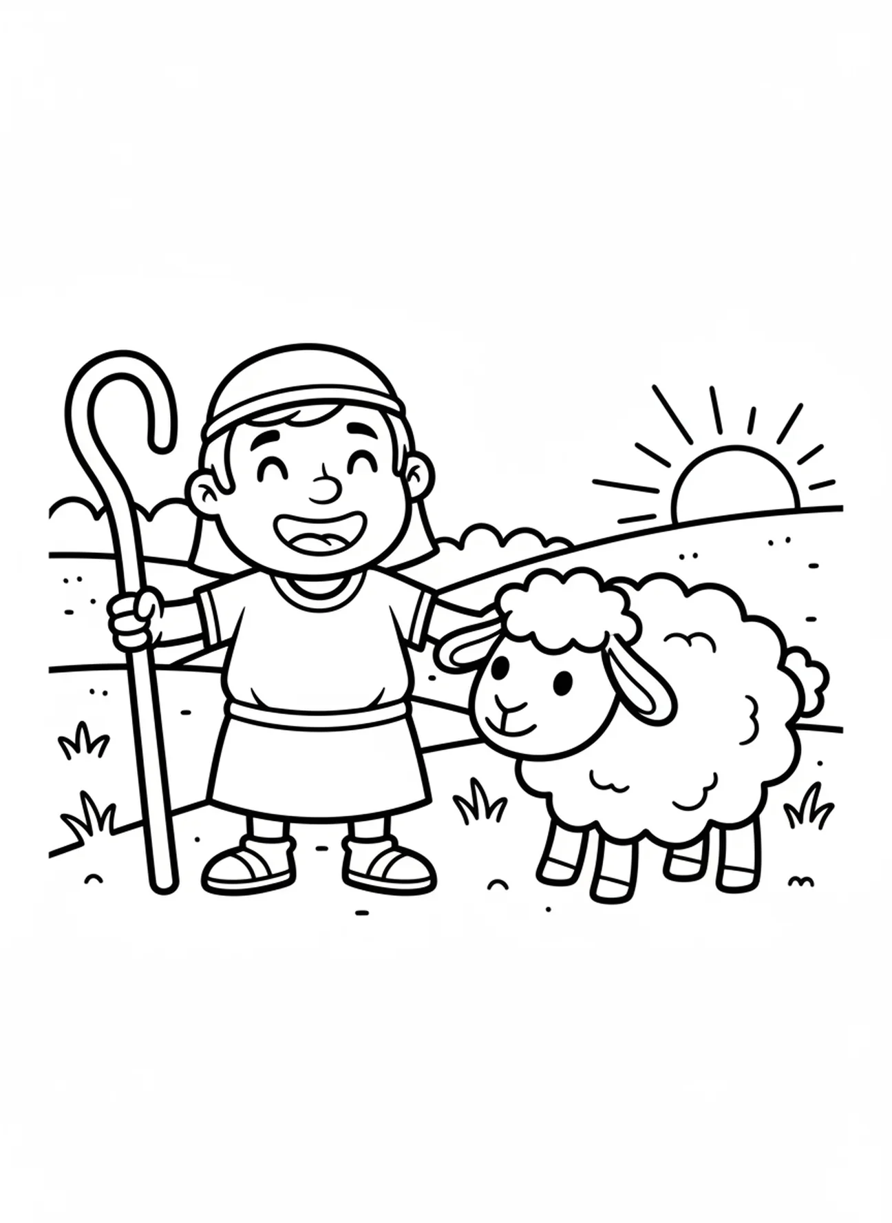 Berger souriant avec des moutons, page à colorier du Bon Berger pour les enfants d'âge préscolaire de 3 à 5 ans