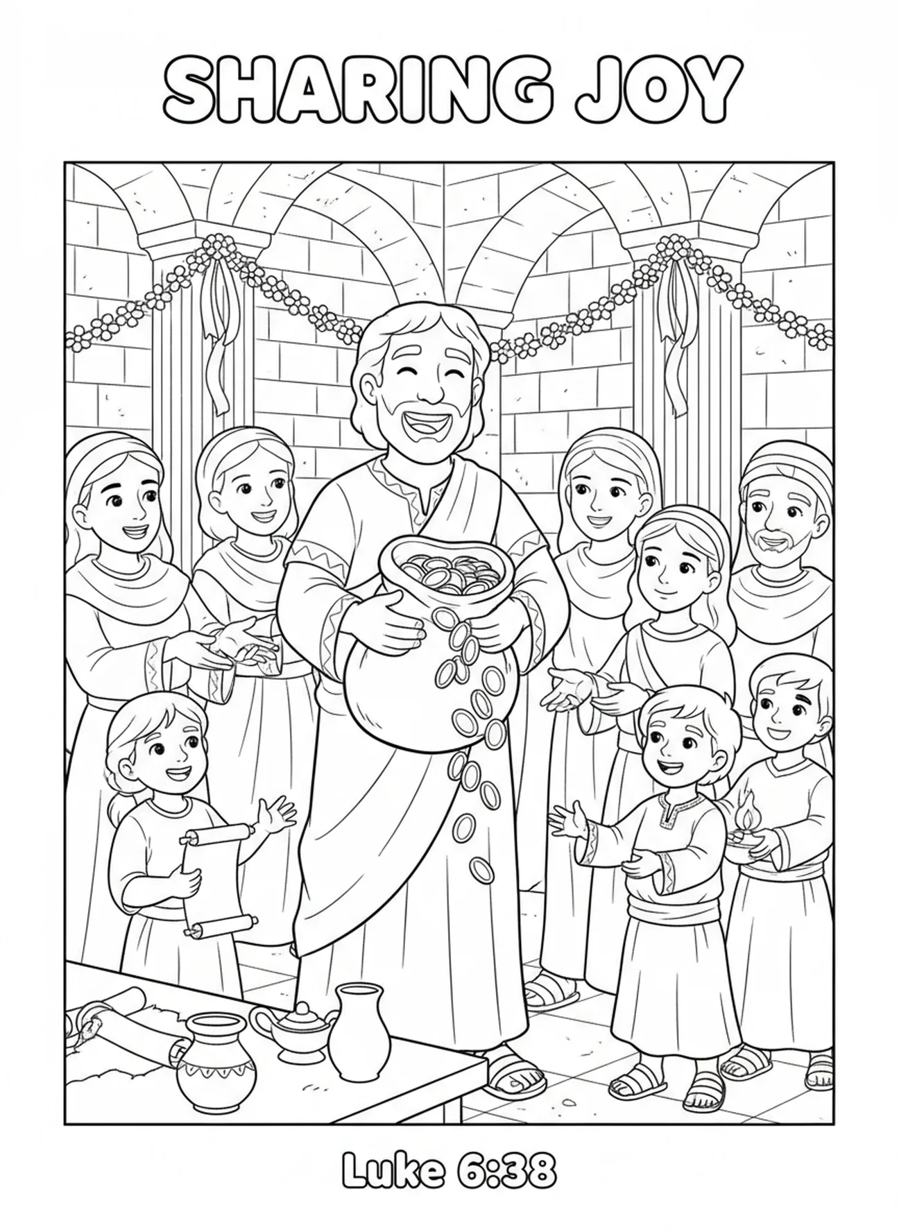 Mann, der seinen Schatz teilt, Ausmalbild zur Parabel vom verborgenen Schatz für Sonntagsschulkinder im Alter von 5-12 Jahren.