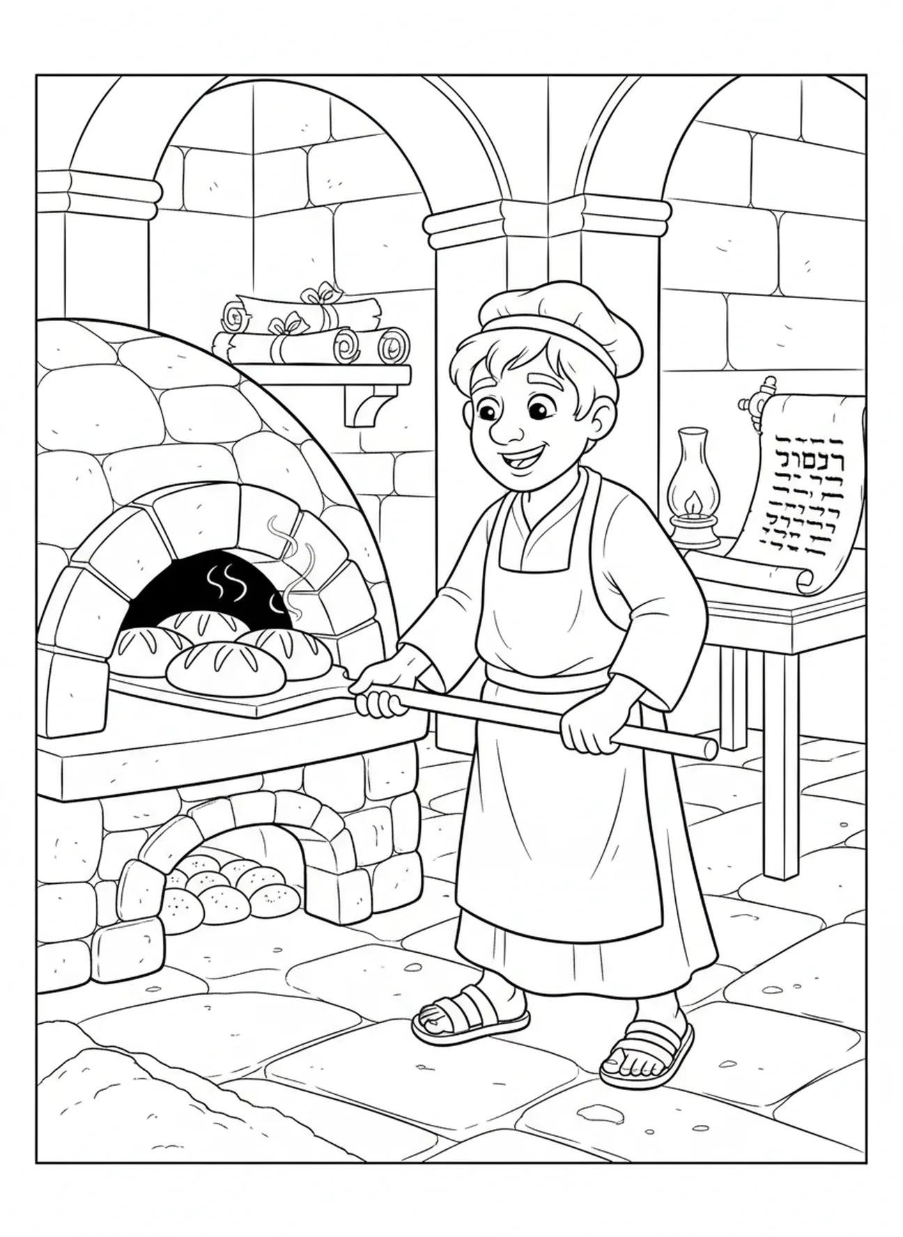 Panadero sacando pan del horno, página para colorear Levadura en la Harina para niños de Escuela Dominical de 5 a 12 años