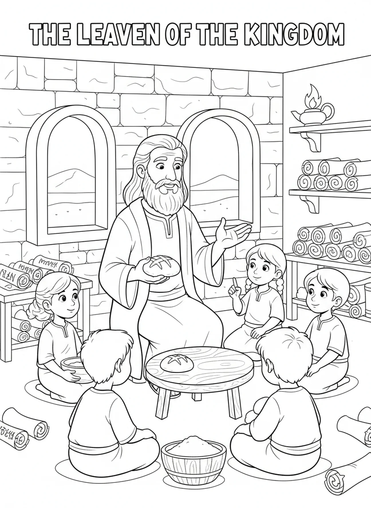 Maestro explicando la levadura, página para colorear de Levadura en Harina para niños de Escuela Dominical de 5 a 12 años
