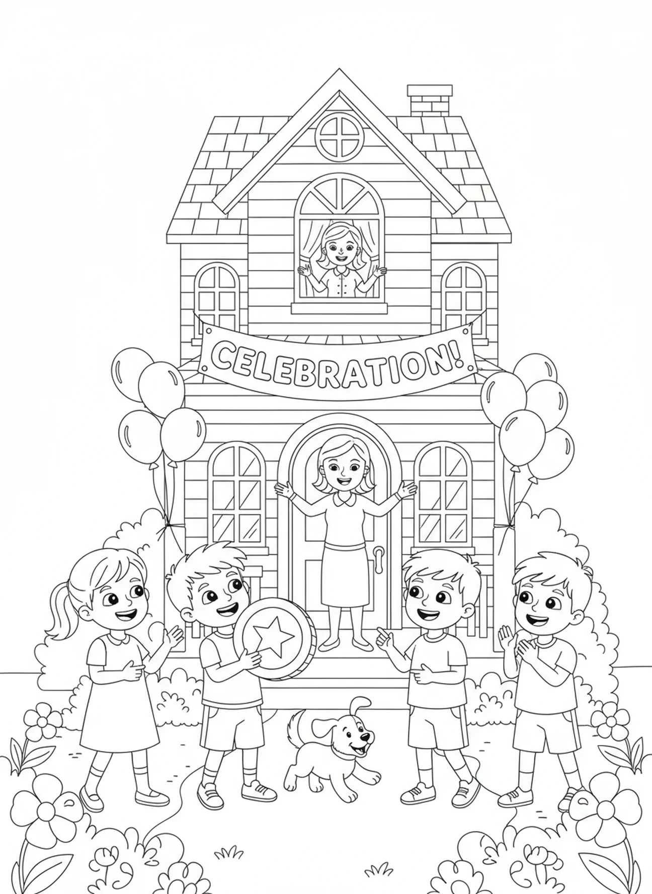 Gruppe von Freunden kommt an, Ausmalbild vom verlorenen Geldstück für Kinder im Alter von 5-10 Jahren.