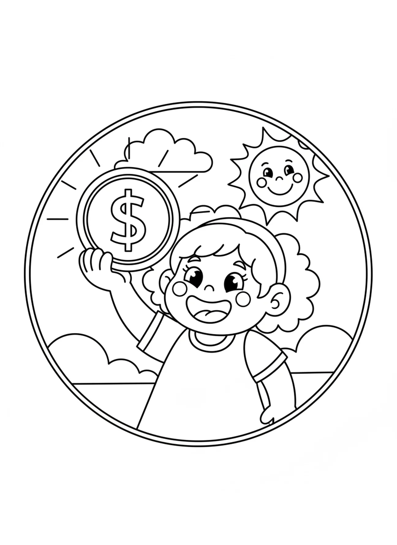 Freudige Frau mit Münze, Ausmalbild von der verlorenen Münze für Vorschulkinder im Alter von 3-5 Jahren