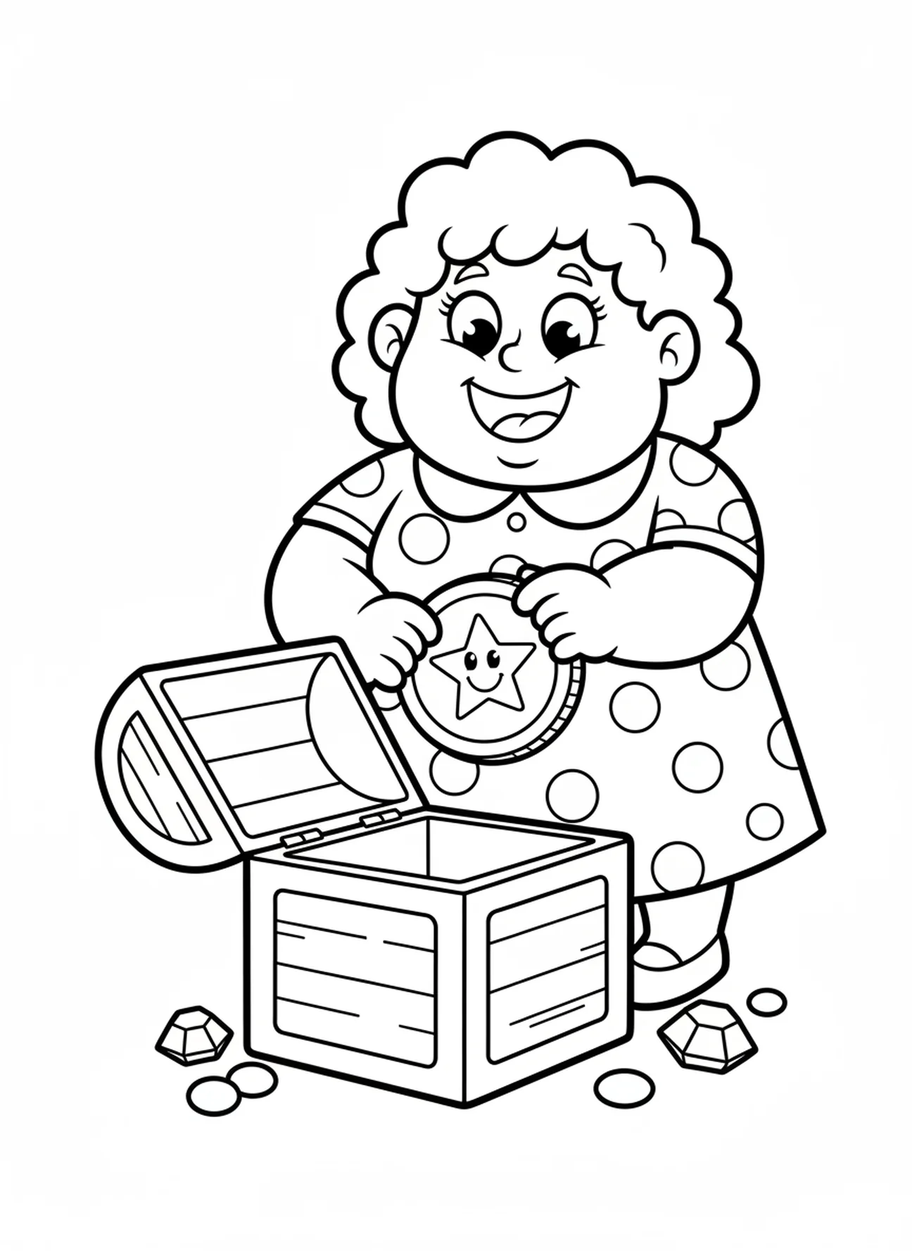 Frau, die eine Münze in eine Kiste legt, Ausmalbild vom verlorenen Geldstück für Vorschulkinder im Alter von 3-5 Jahren