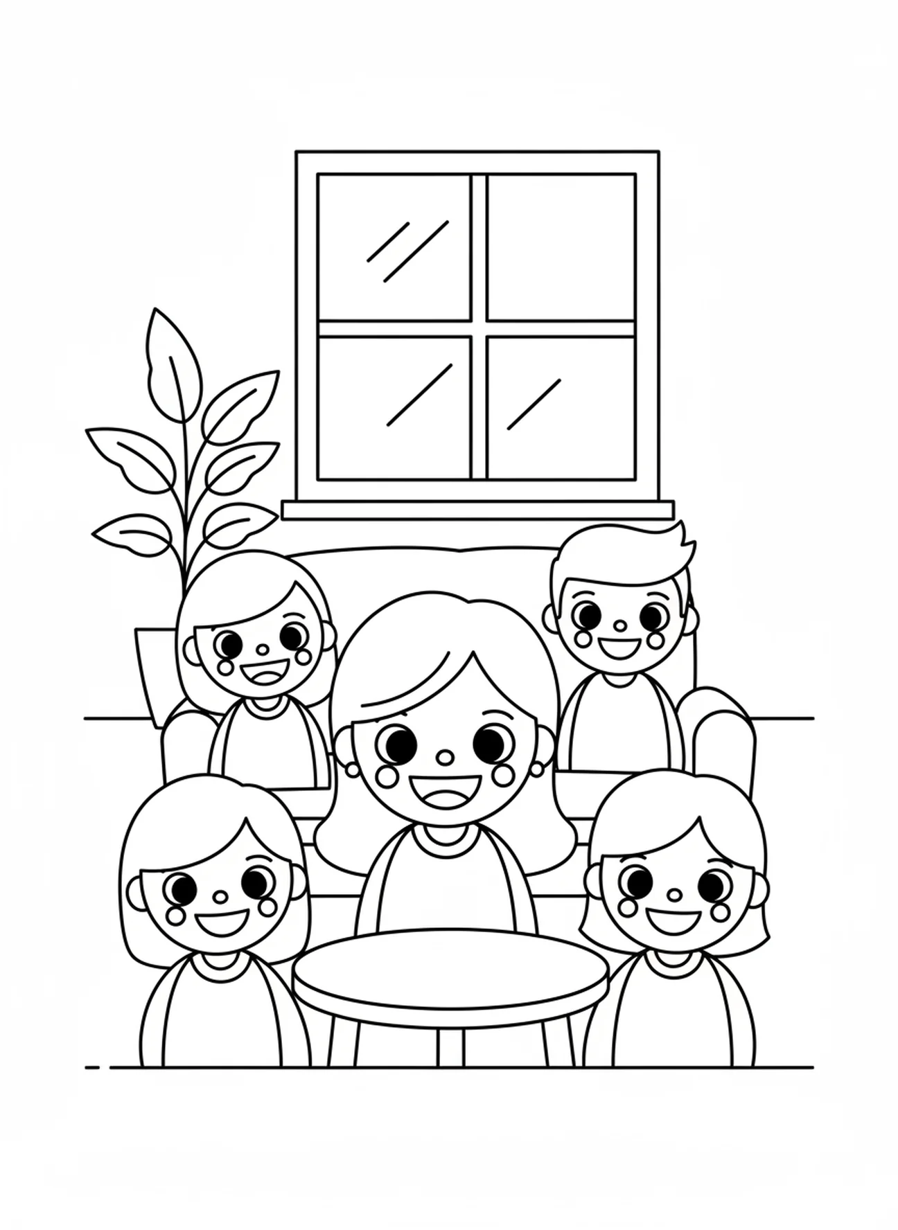 Lächelnde Freunde zu Hause, Ausmalbild vom verlorenen Geldstück für Vorschulkinder im Alter von 3-5 Jahren