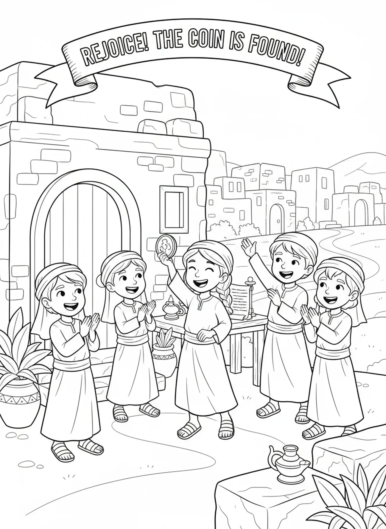 Gruppe von Freunden feiert, Ausmalbild zur verlorenen Münze für Sonntagsschulkinder im Alter von 5-12 Jahren.