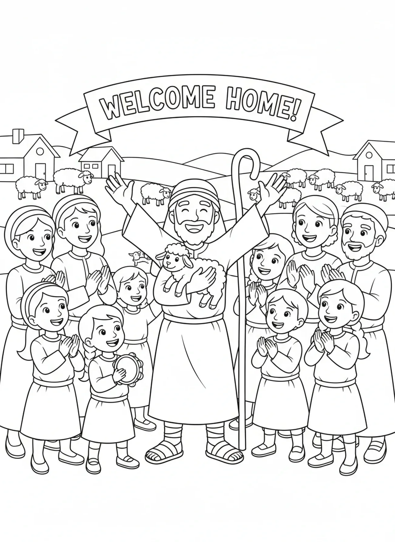 Cartoon-Hirte feiert mit Freunden die Rückkehr des verlorenen Schafes, Ausmalbild für Kinder im Alter von 5-10 Jahren über den Hirten, der das verlorene Schaf findet.