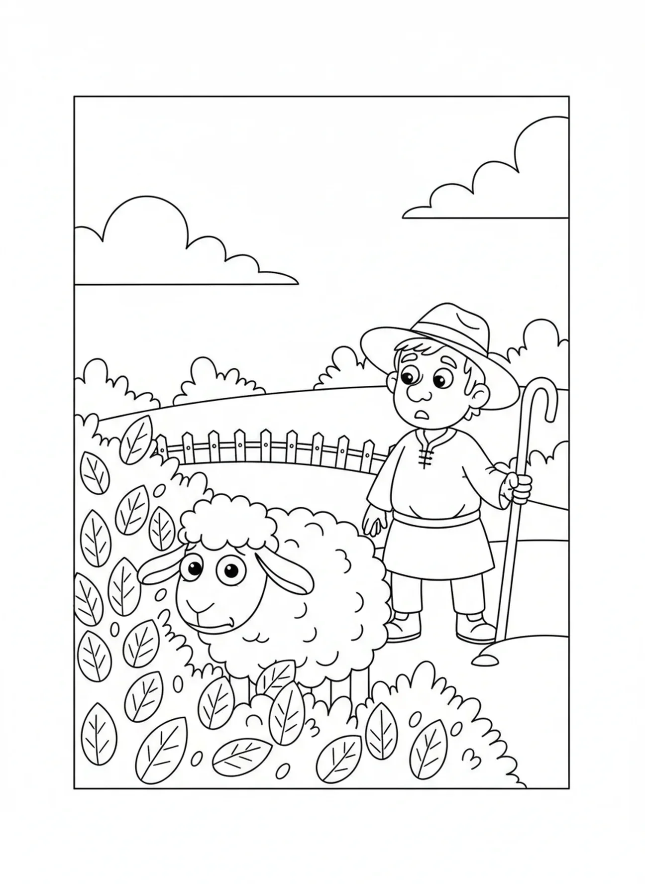Flauschiges Cartoon-Schaf versteckt im Gras, Ausmalbild vom verlorenen Schaf und dem Hirten, der das verlorene Schaf findet für Kinder im Alter von 5-10 Jahren.