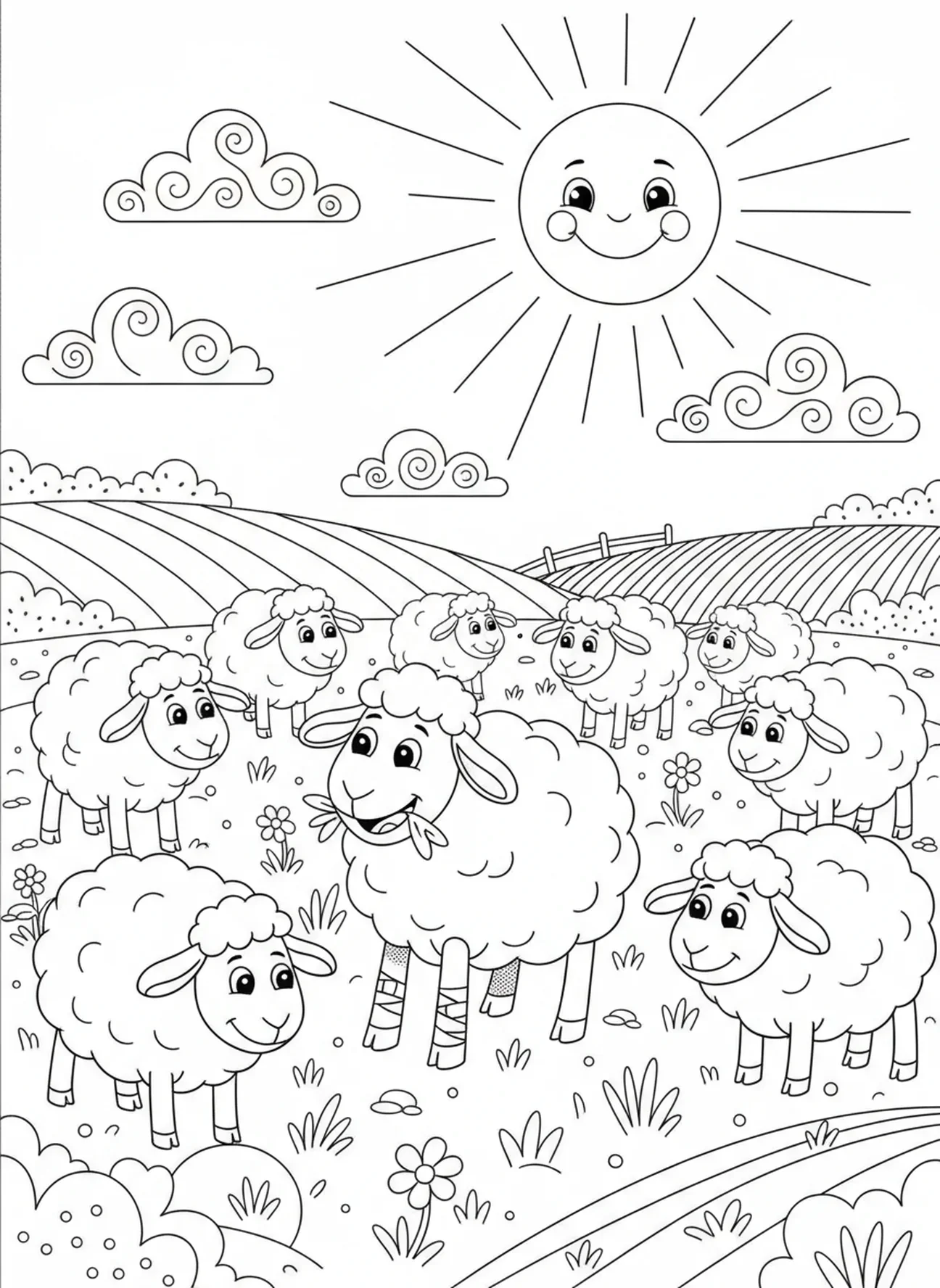 Fröhliche Schafe grasen mit Freunden auf der Wiese, Aus dem verlorenen Schaf, der Hirte findet das eine verlorene Schaf, Ausmalbild für Kinder im Alter von 5-10 Jahren.