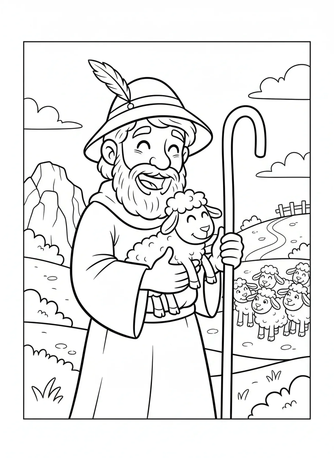 Fröhlicher Cartoon-Hirte findet das verlorene Schaf, Ausmalbild für Kinder im Alter von 5-10 Jahren über den Hirten, der das verlorene Schaf findet.