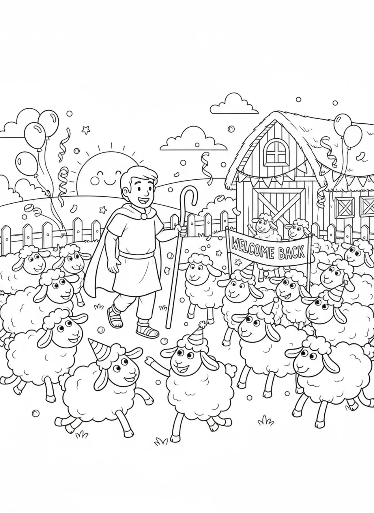 Der Hirte kommt zu einer fröhlichen Feier, Ausmalbild vom verlorenen Schaf, Hirte verlässt die 99 für Kinder im Alter von 5-10 Jahren