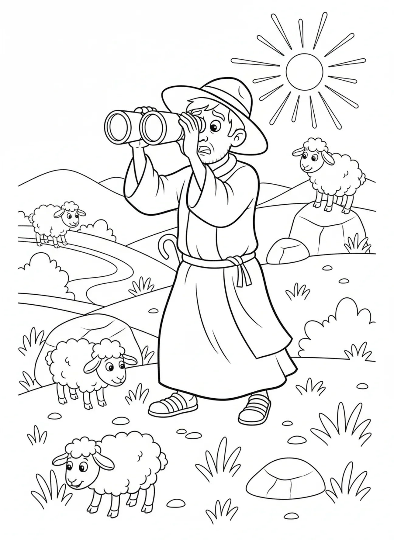 Hirte mit Fernglas, Ausmalbild vom verlorenen Schaf, Hirte verlässt 99 für Kinder im Alter von 5-10 Jahren