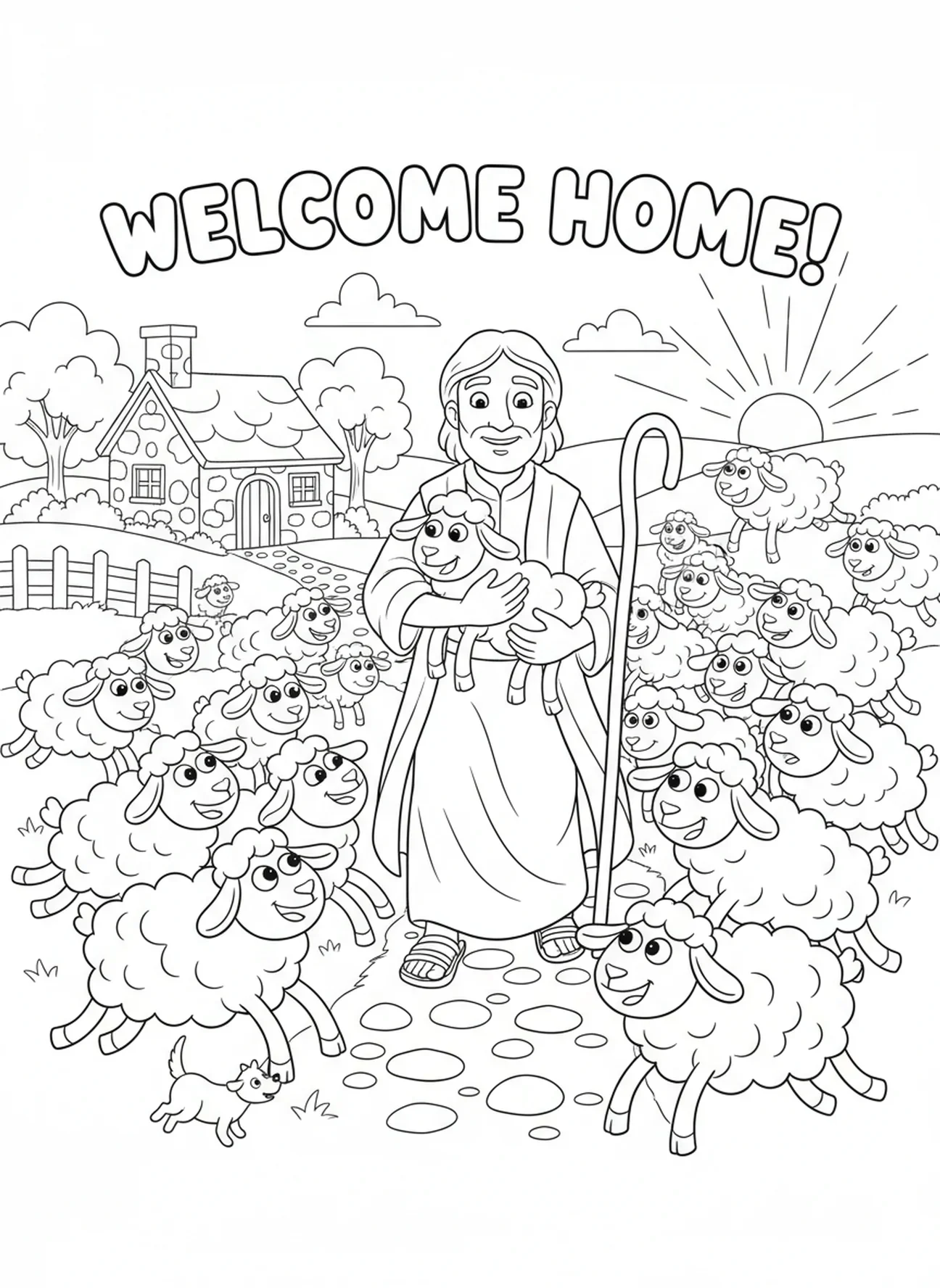 Hirte kehrt mit dem verlorenen Schaf zurück, Ausmalbild vom verlorenen Schaf für Kinder im Alter von 5-10 Jahren