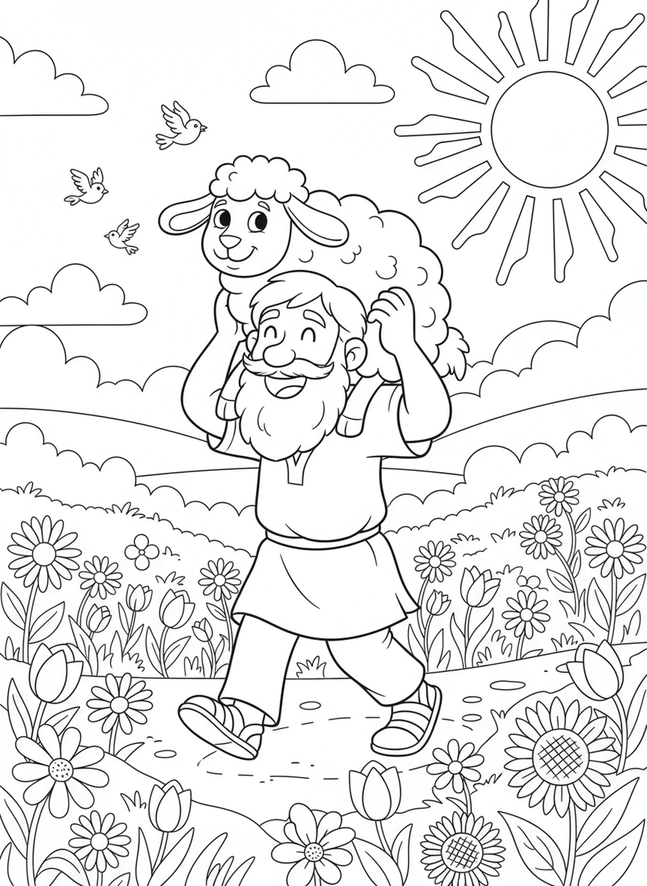 Pastor carregando uma ovelha feliz, página de colorir da Parábola da Ovelha Perdida para crianças de 5 a 10 anos