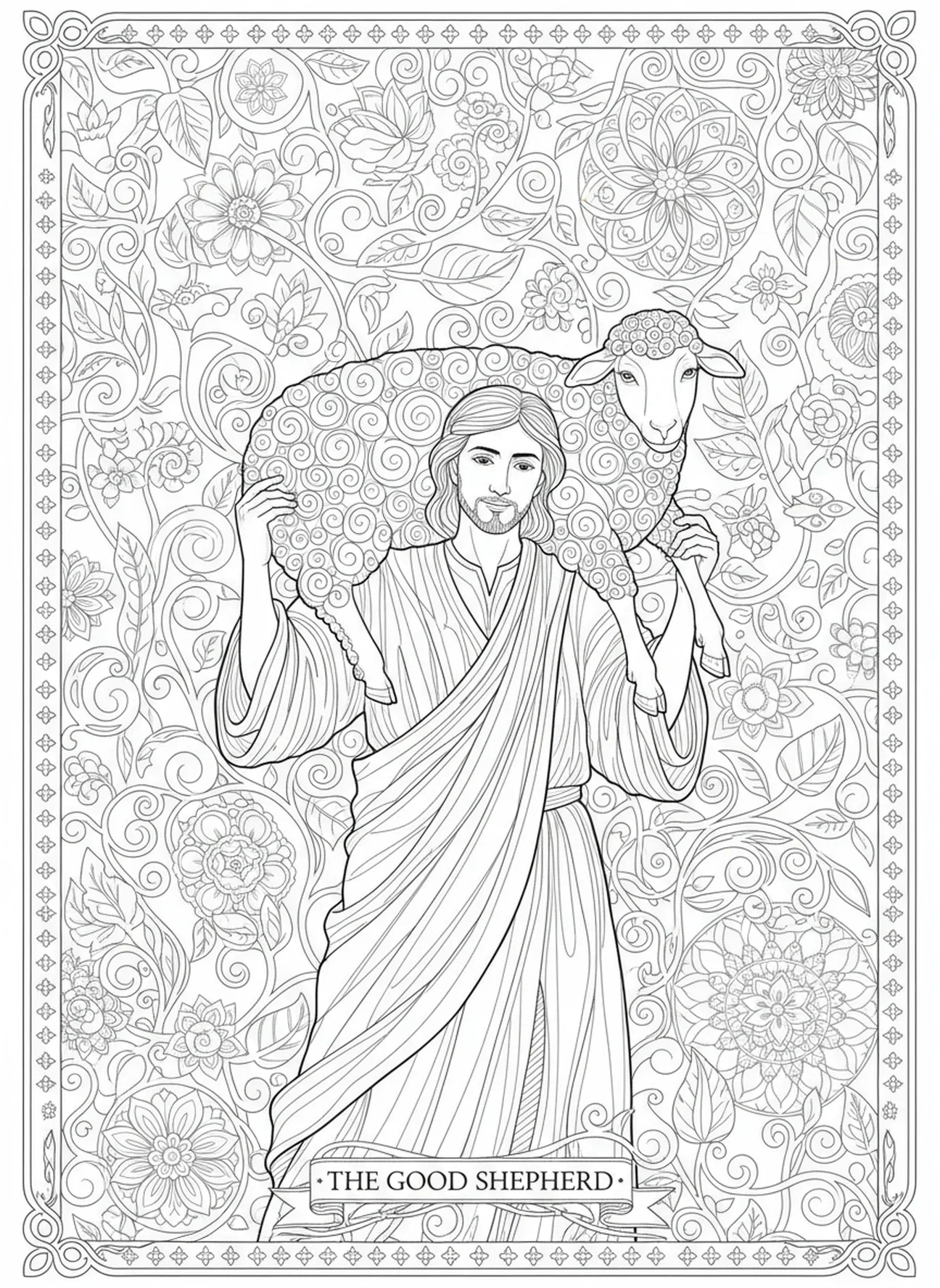 Pastor cargando una oveja, página para colorear de la Oveja Perdida en estilo de journaling bíblico para adultos.