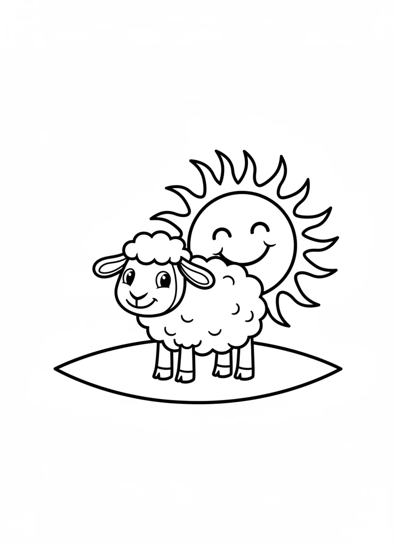 Mouton en dessin animé avec coucher de soleil, page à colorier du Mouton Perdu pour les enfants de 3 à 5 ans
