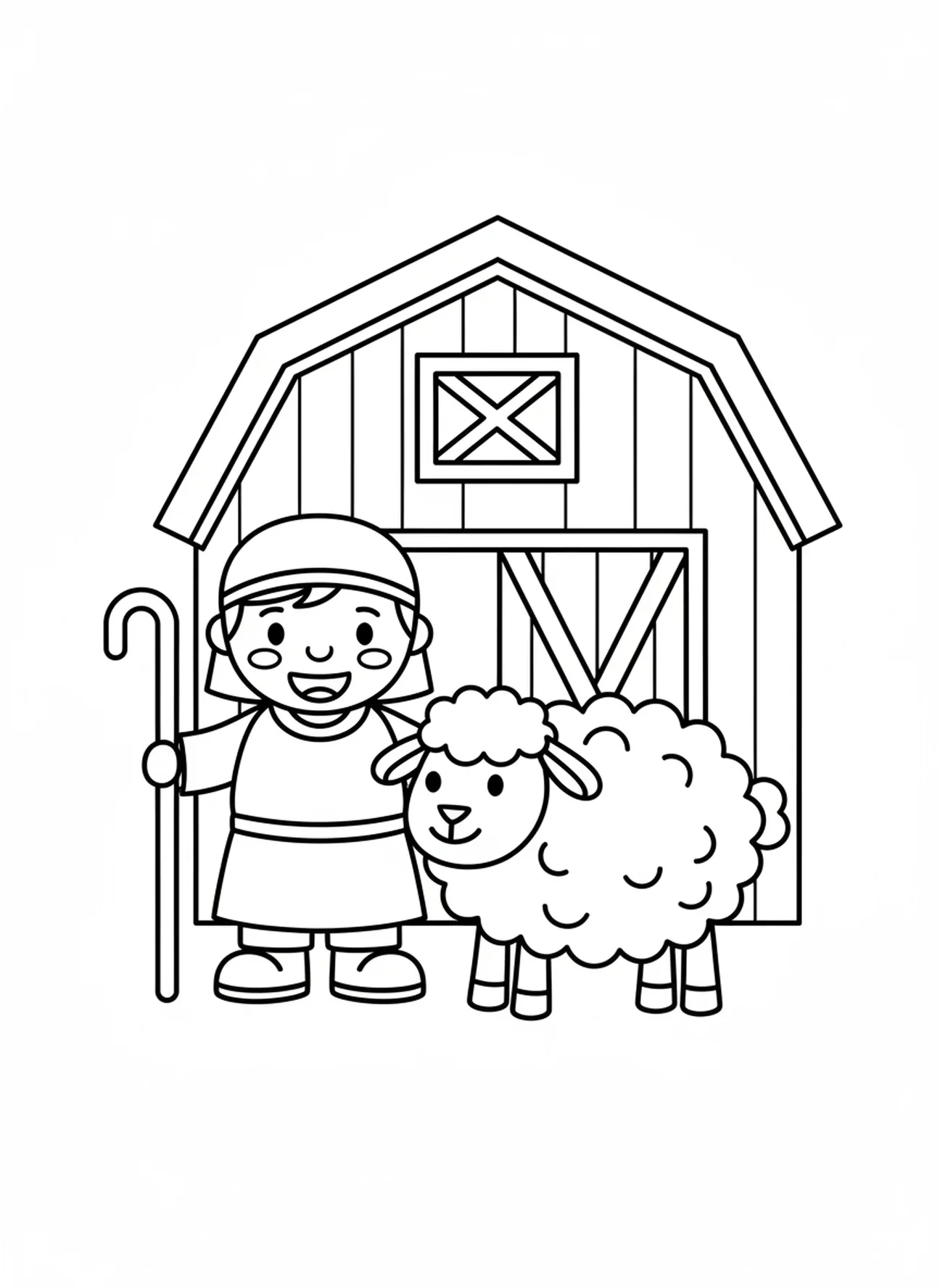 Bergers avec des moutons dans une grange, page à colorier de la brebis égarée pour les enfants d'âge préscolaire de 3 à 5 ans