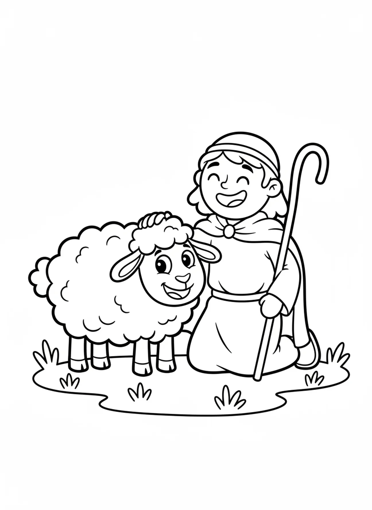 Berger à genoux à côté d'un mouton, page à colorier de la brebis perdue pour les enfants d'âge préscolaire de 3 à 5 ans