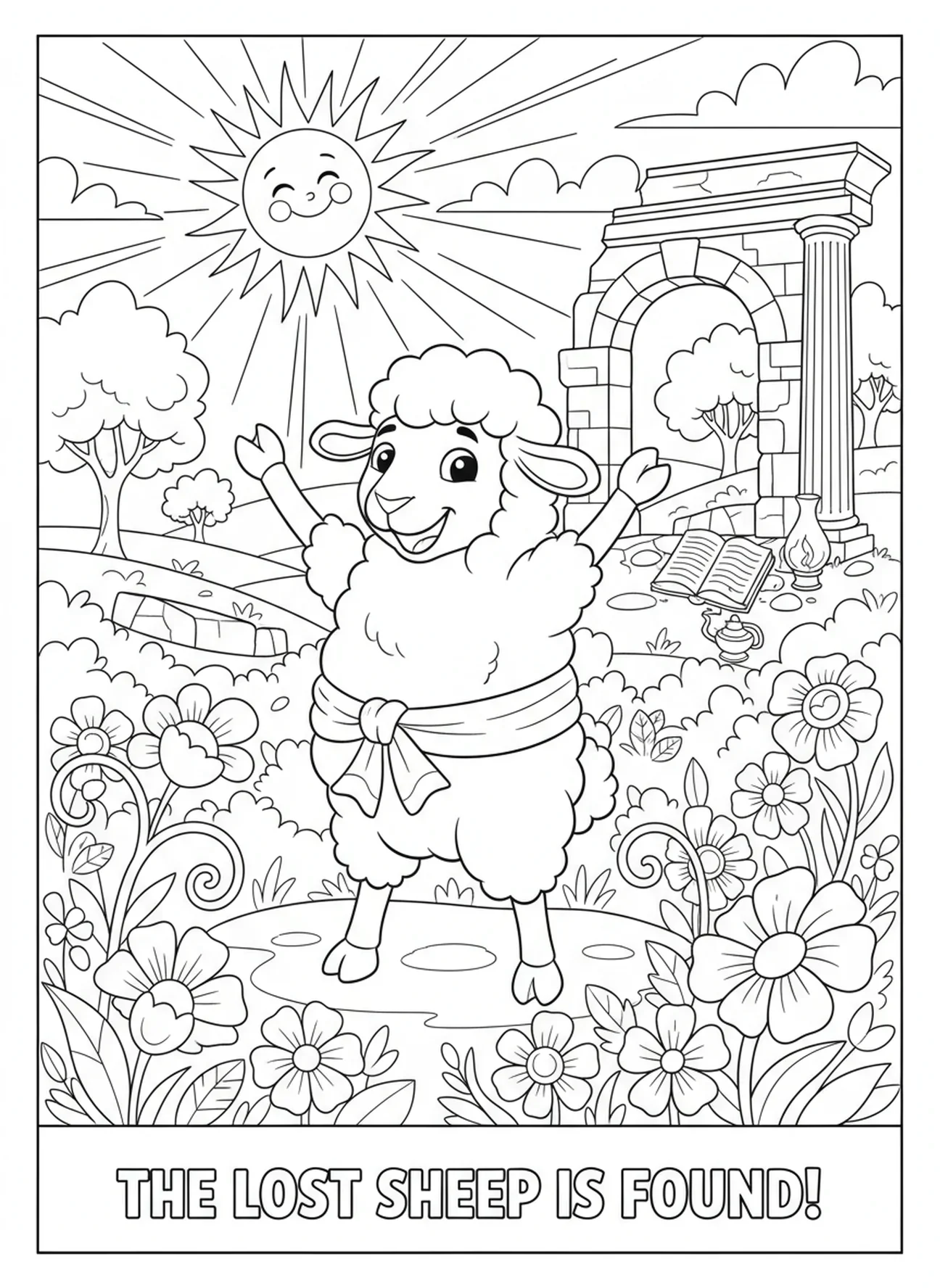 Ovelha perdida em um campo de flores, página para colorir Ovelha Perdida para crianças da Escola Dominical de 5 a 12 anos.