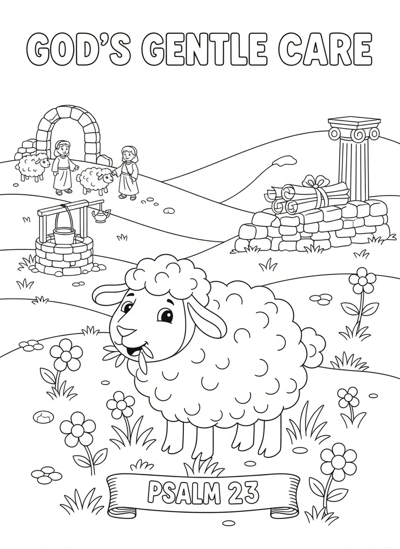 Ovelhinha fofa em pastagem, página de colorir da Ovelha Perdida para crianças da Escola Dominical de 5 a 12 anos.