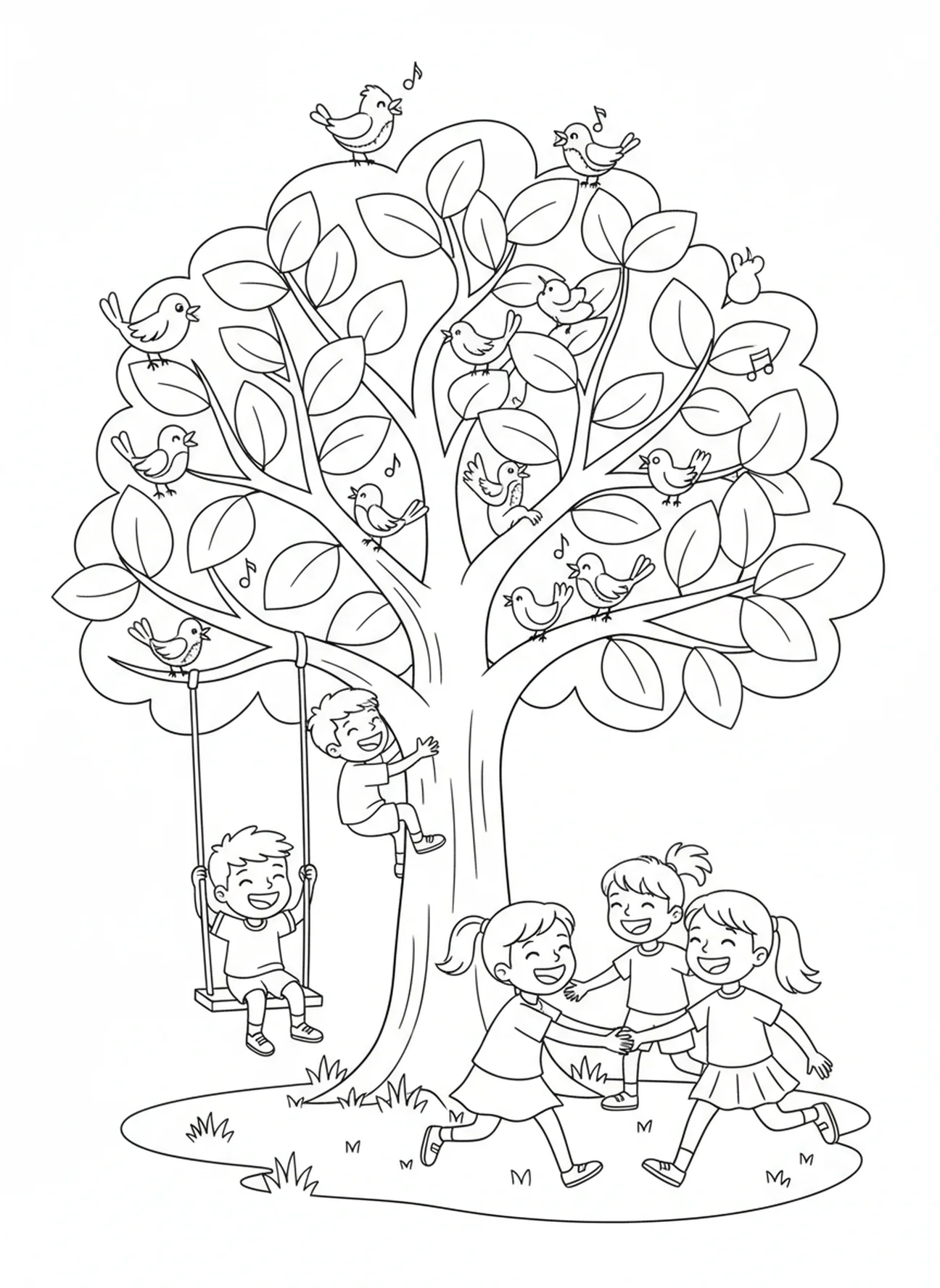 Árbol de mostaza grande con niños, página para colorear del crecimiento del árbol de mostaza para niños de 5 a 10 años