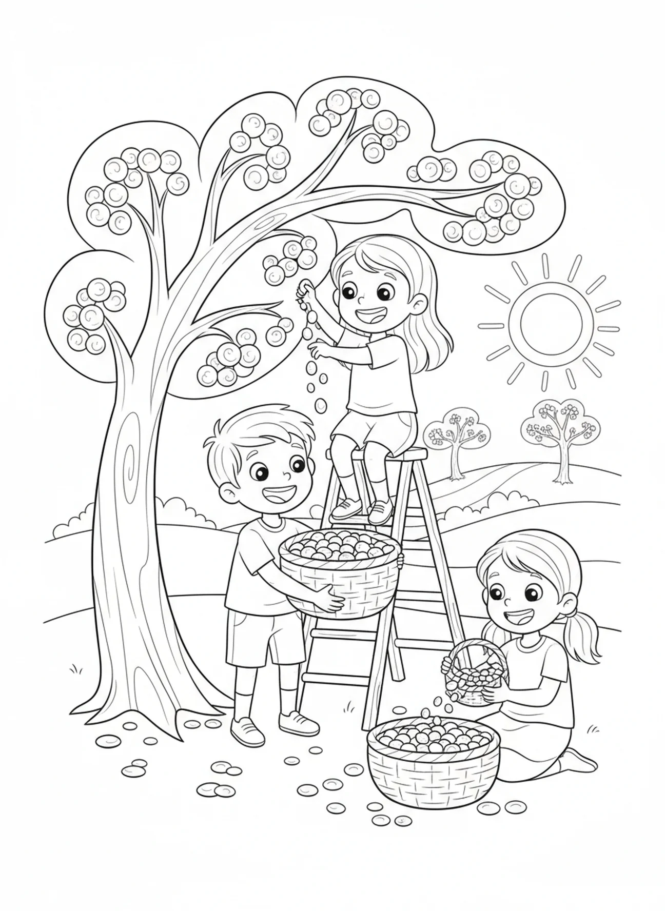 Niños cosechando semillas de mostaza, página para colorear del Árbol de Crecimiento de Semillas de Mostaza para niños de 5 a 10 años