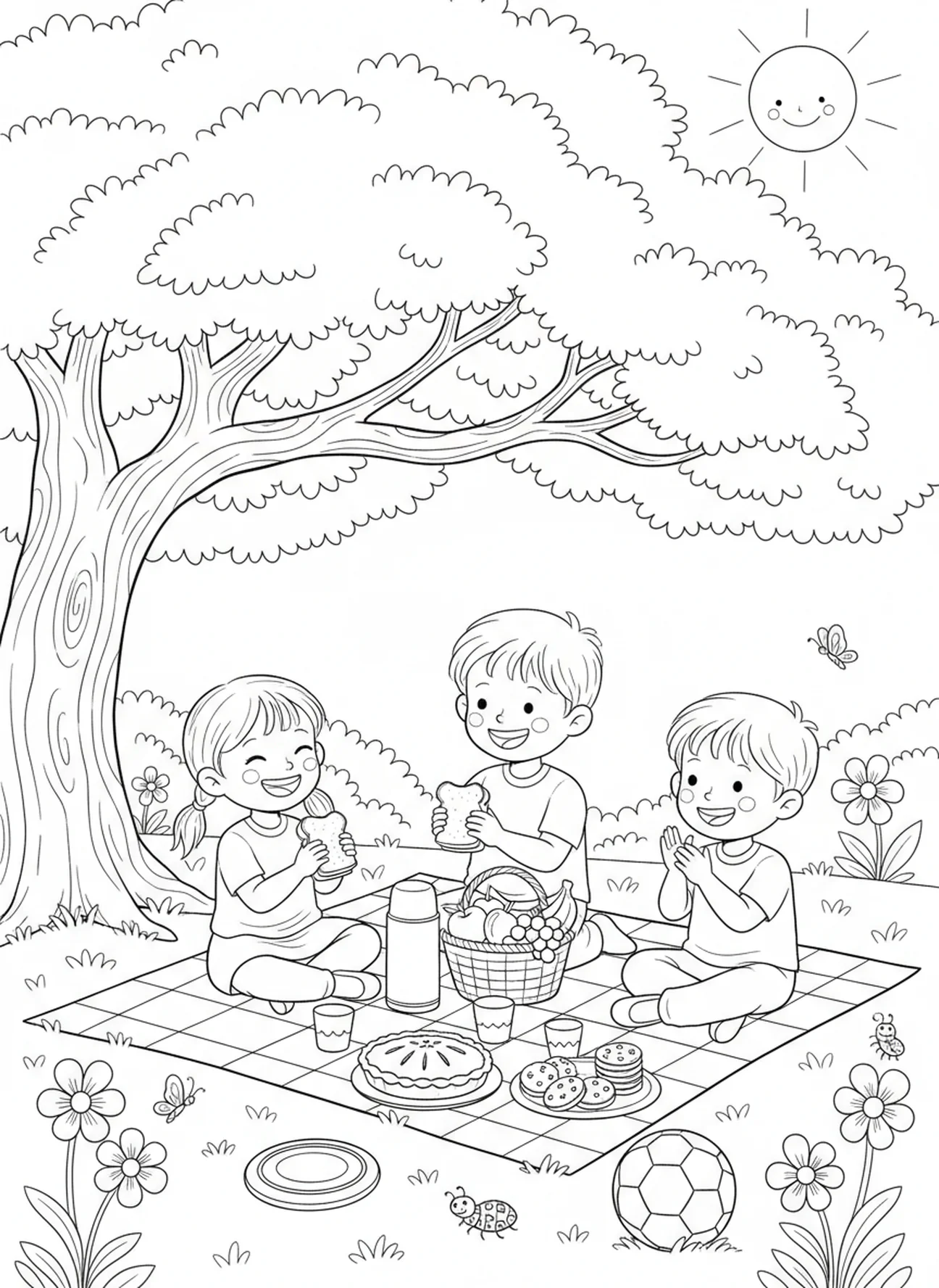 Niños disfrutando de un picnic, página para colorear del crecimiento del árbol de la semilla de mostaza para niños de 5 a 10 años