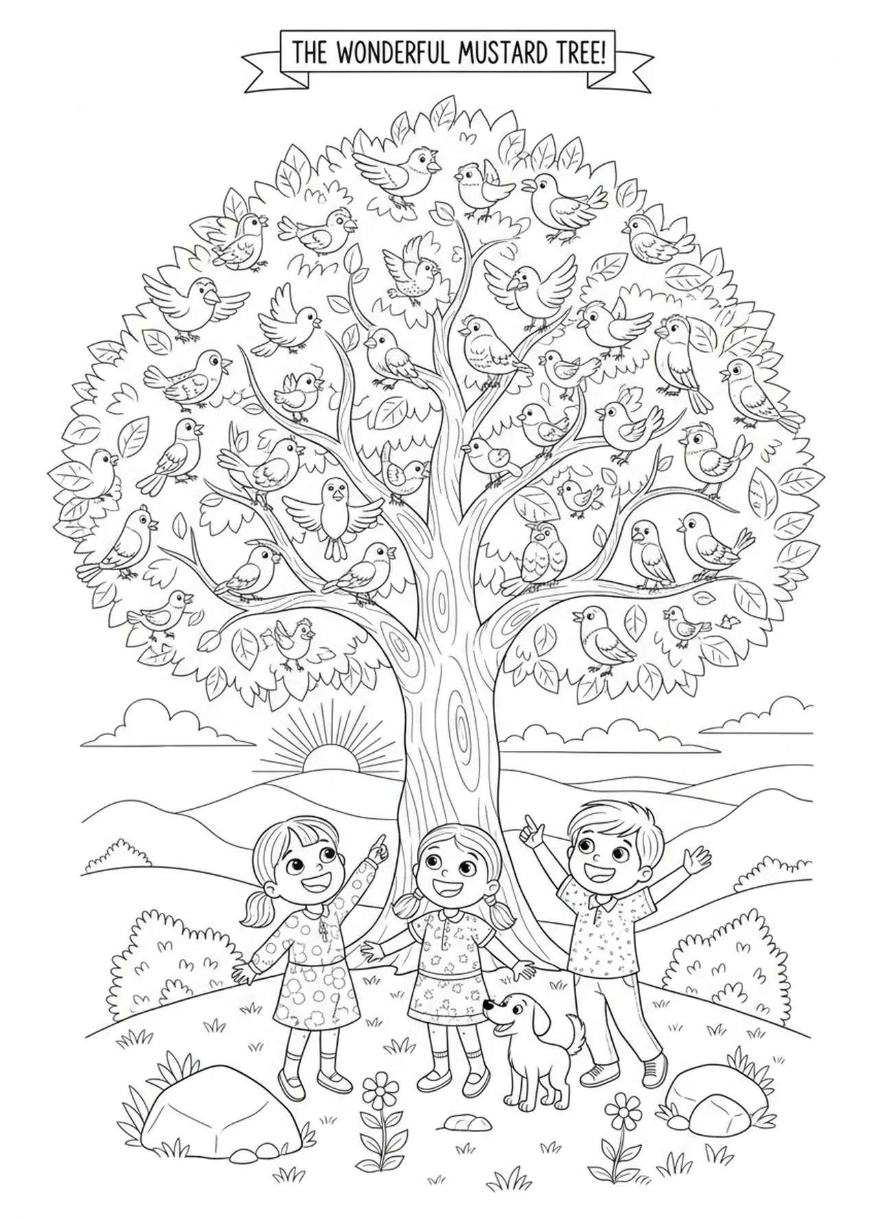 Árbol de mostaza con aves vibrantes, página para colorear del crecimiento del árbol de mostaza para niños de 5 a 10 años