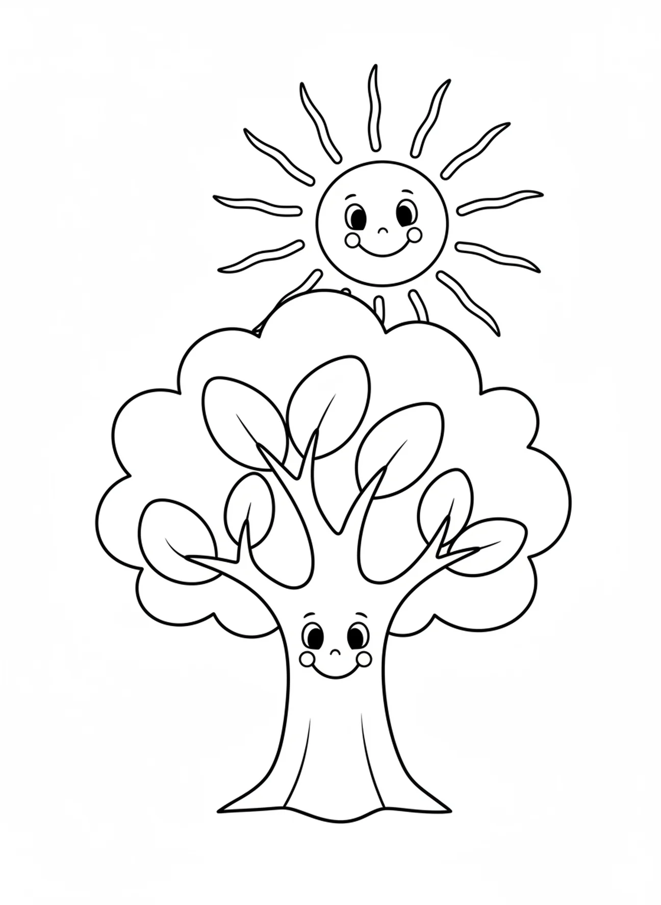 Sol sorridente acima de uma árvore de mostarda feliz, página de colorir sobre o crescimento da semente de mostarda para crianças de 3 a 5 anos