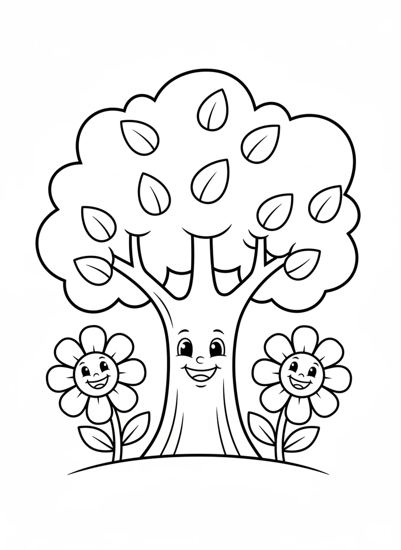 Uma grande árvore de mostarda sorridente ao lado de duas flores grandes e felizes, página de colorir da Árvore do Grão de Mostarda para crianças de 3 a 5 anos