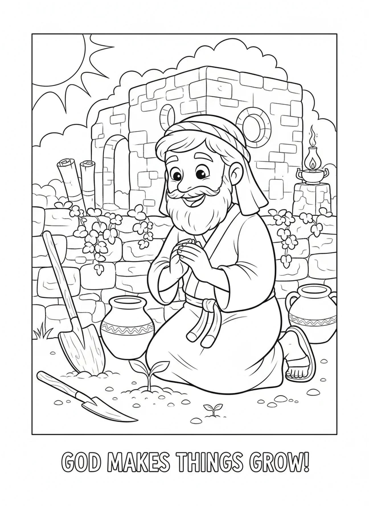 Feliz agricultor observando broto, página para colorir sobre o crescimento da semente de mostarda para crianças da Escola Dominical de 5 a 12 anos.