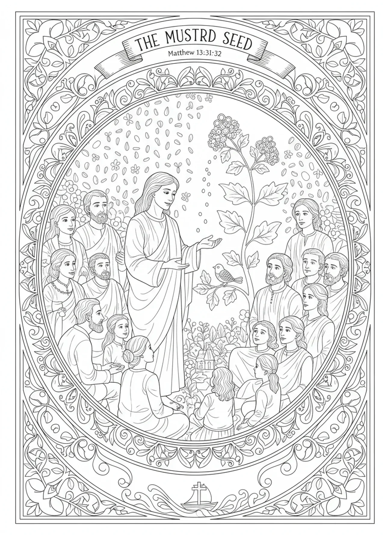 Das Teilen des Gleichnisses vom Senfkorn, Senfkorn Ausmalbild für Erwachsene im Stil des Bibel-Journalings.