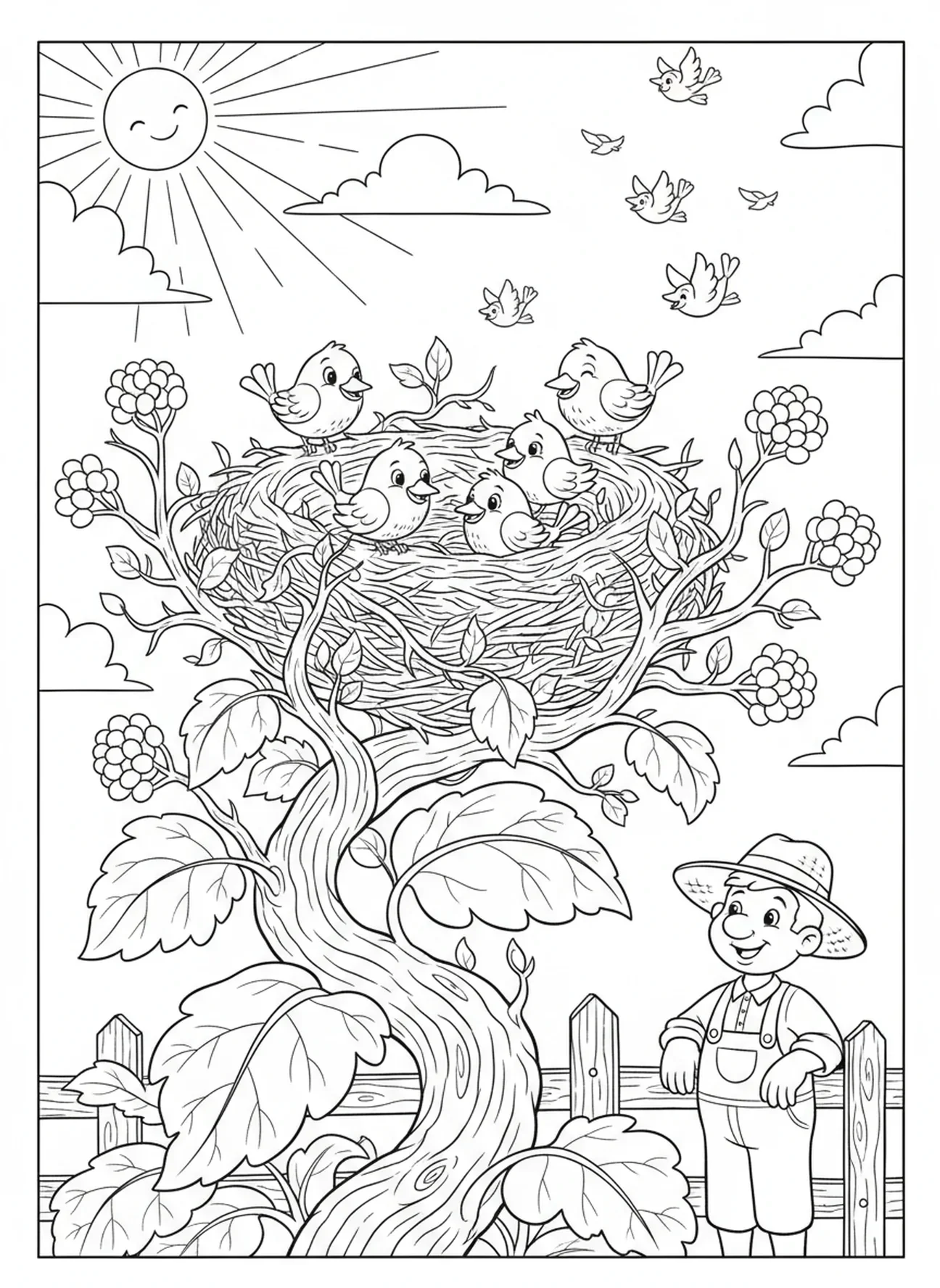 Oiseaux colorés construisant un nid, page à colorier de la graine de moutarde pour les enfants de 5 à 10 ans