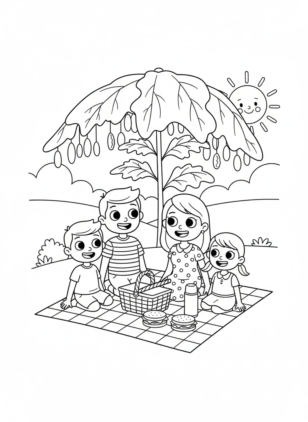Pique-nique en famille joyeux, page à colorier de la graine de moutarde pour les enfants de 5 à 10 ans