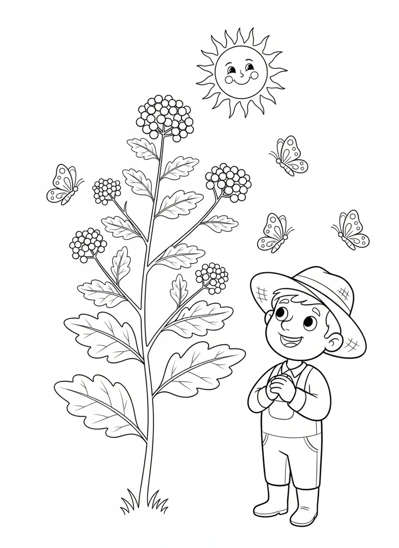 Plante de moutarde entièrement développée, page à colorier Graines de Moutarde pour enfants de 5 à 10 ans