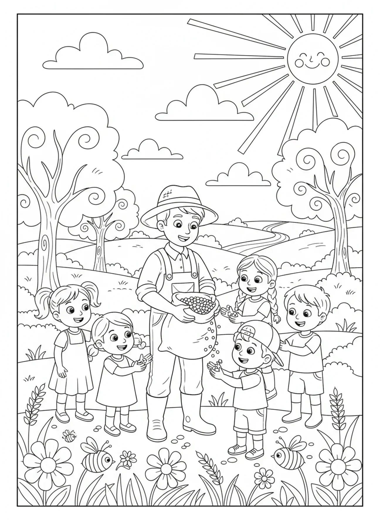 Agriculteur partageant des graines de moutarde, page à colorier Graines de Moutarde pour enfants de 5 à 10 ans