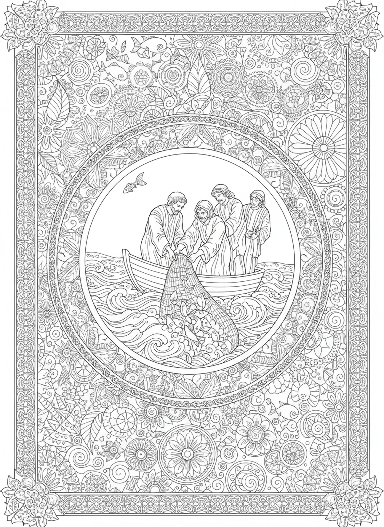Pêcheurs ramassant des poissons, page à colorier Réseau de Poissons pour le journal biblique des adultes