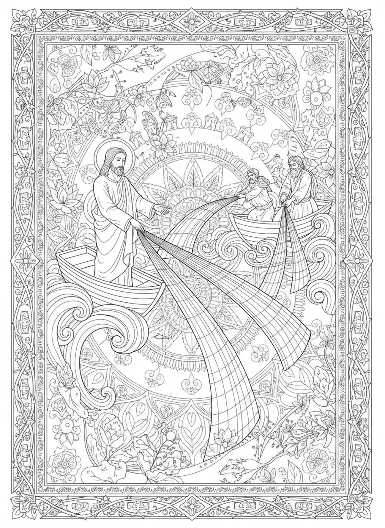 Jésus instruisant des pêcheurs, page à colorier Filet de Poissons pour le journal biblique style adulte