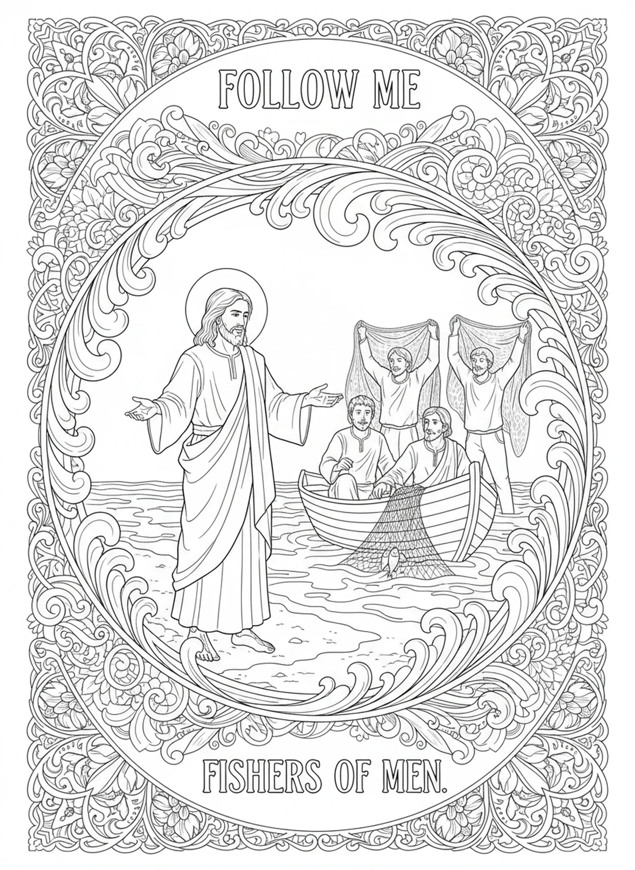 Jésus sur le rivage, page à colorier de Réseau de Poissons dans un style de journal biblique pour adultes