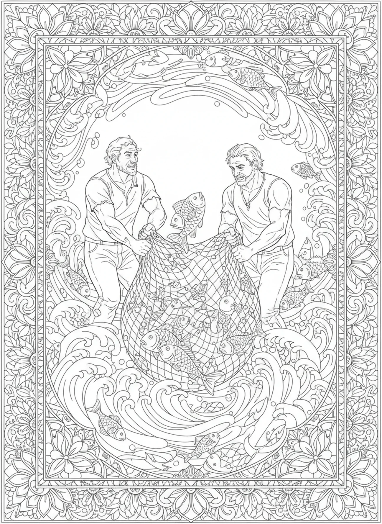 Pêcheurs avec un filet qui se déchire, page à colorier Filet de Poissons pour le journal biblique pour adultes