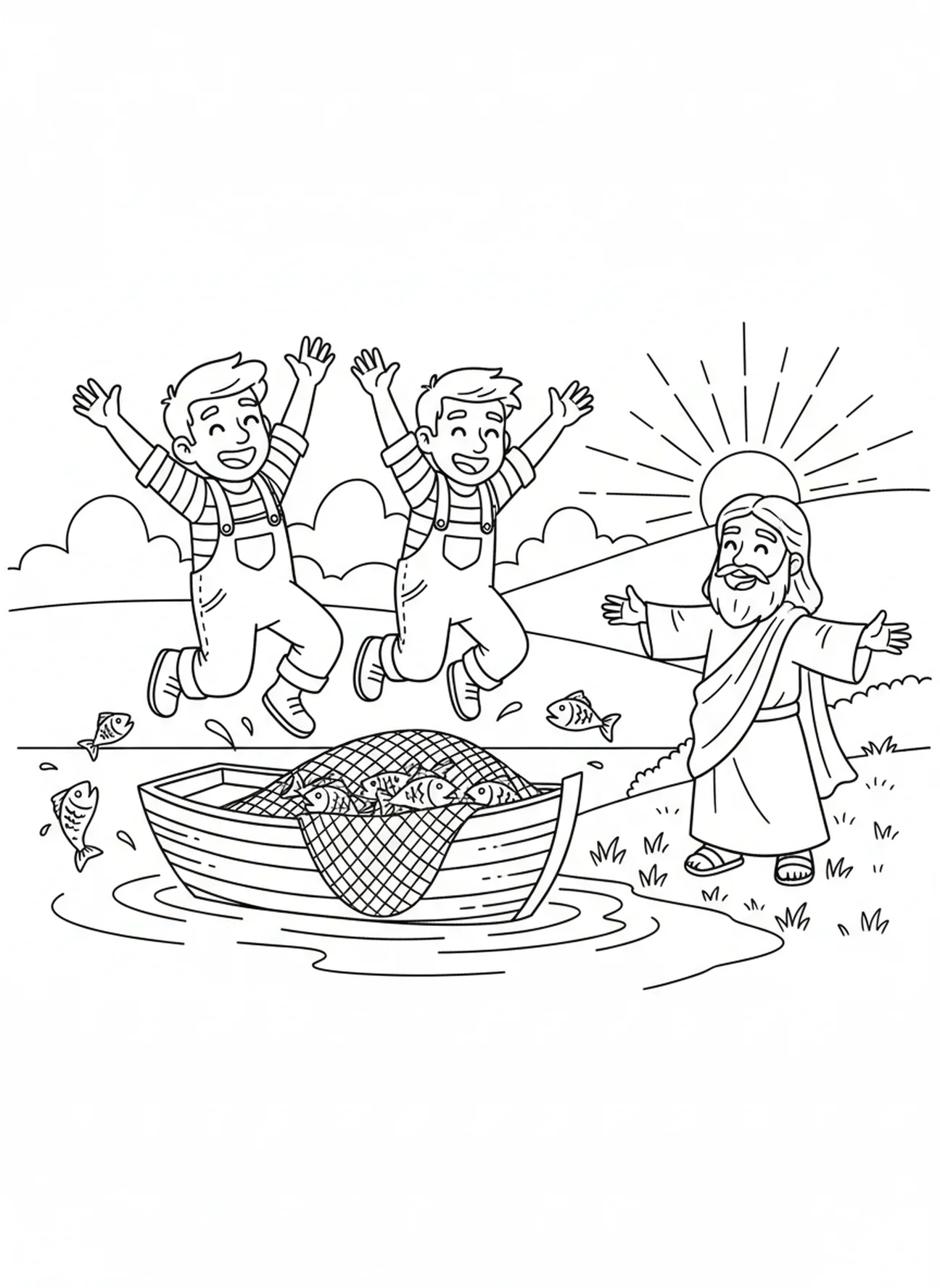 Zwei fröhliche Fischer feiern, Ausmalbild mit Netz voller Fische für Kinder im Alter von 5-10 Jahren